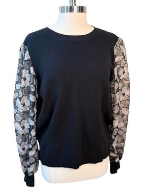 FATE Black Pullover Sweater Floral Lace Sleeves Size Large